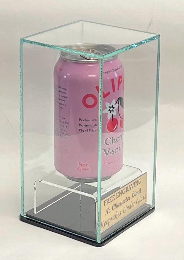 Beer or Soda 12oz Can Personalized Glass Display Case with Riser Base Free Engraving
