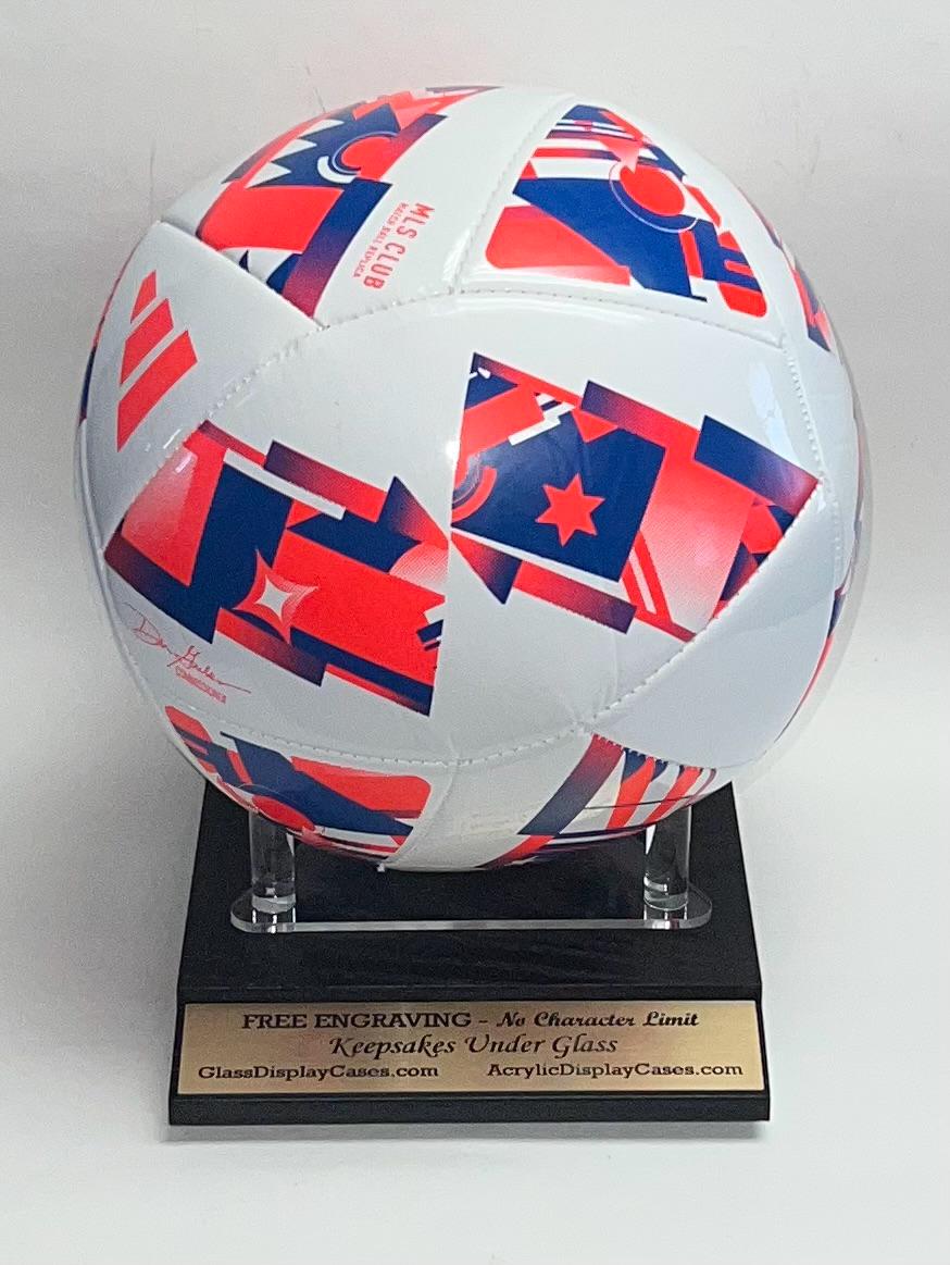 Volleyball Personalized Acrylic Display Stand Custom Ball Holder and Black Finish Solid Wood Base.