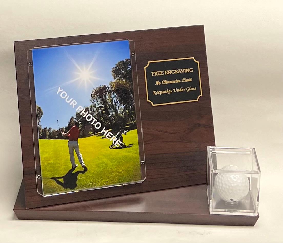 Personalized Golf Ball Display Case: 4x6 Photo, Cherry Finish Wood Award. Free picture Printing.