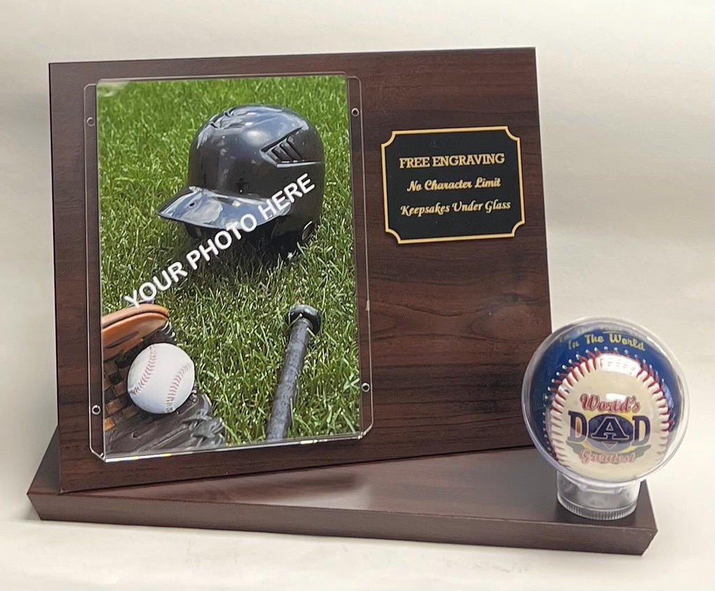 Personalized Baseball & 5x7 Photo Display Case: Cherry Wood, Free Photo Printing and   Engraved Plate