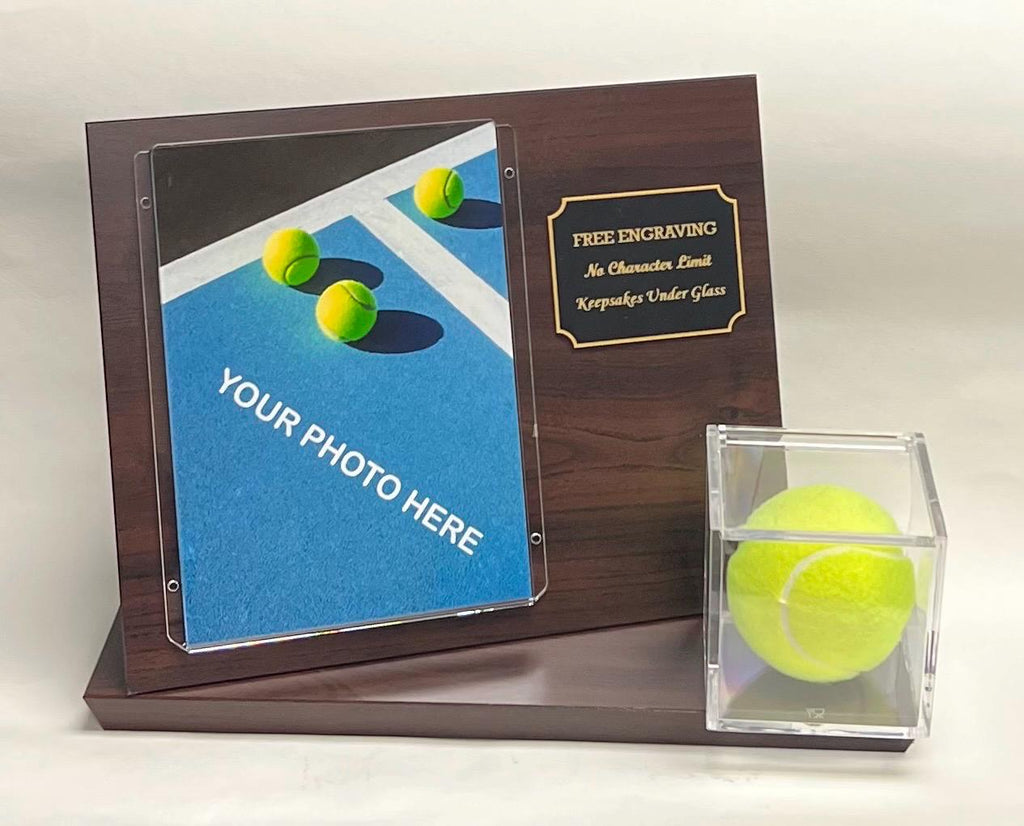 Tennis Ball Display Case: 5x7 Photo, Cherry Finish Wood, Free Picture Printing and Engraving