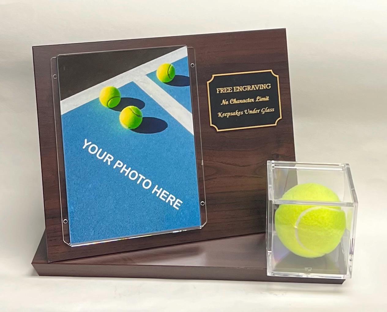 Tennis Ball Display Case: Cherry Finish Wood, 4x6 Photo, Free Engraving