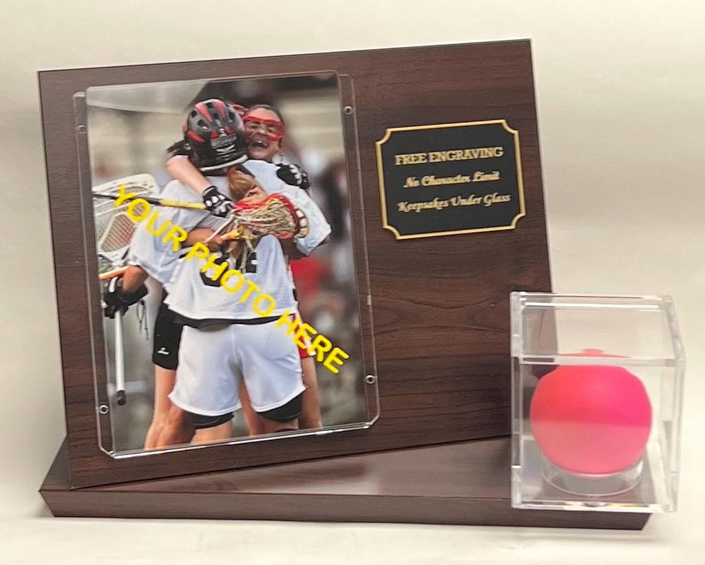Lacrosse Ball Display Case: 5x7 Photo, Cherry Finish Wood Finish, Free Engraving