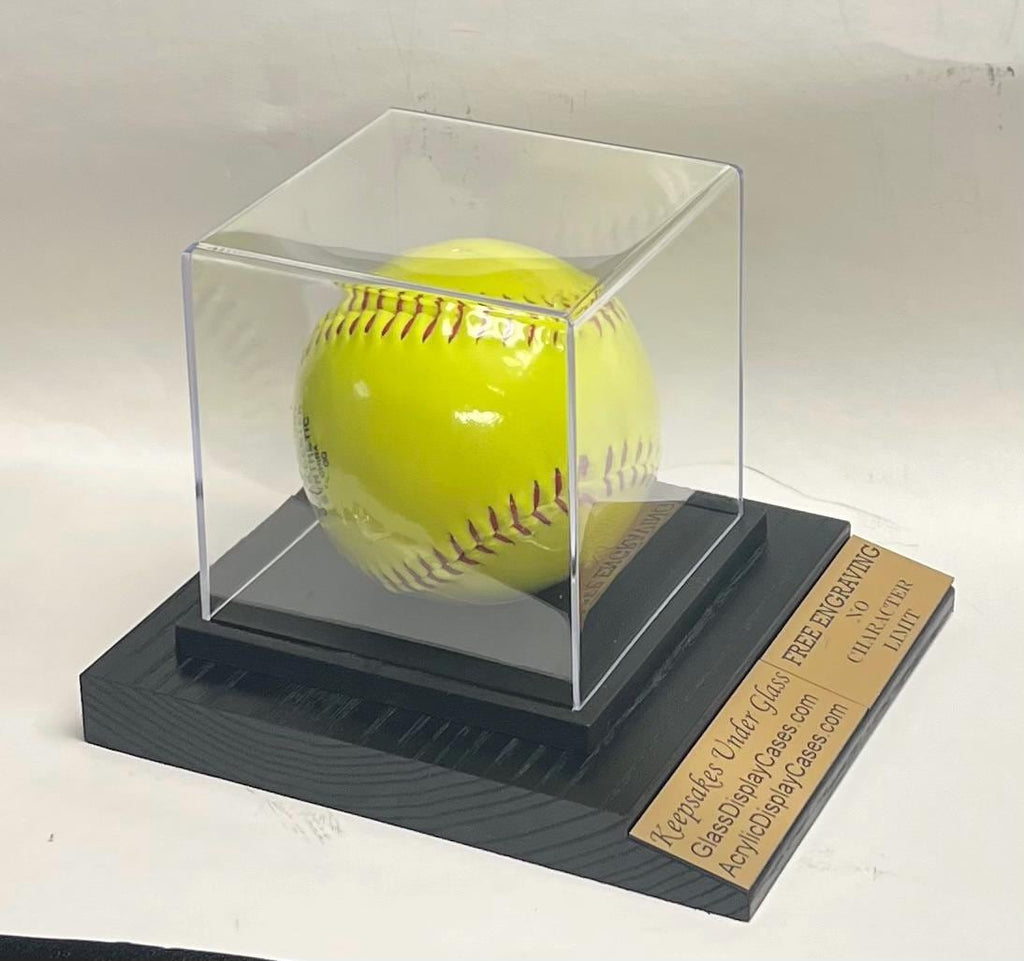 Personalized Softball Display Case: Engraved Acrylic, Solid Wood Base