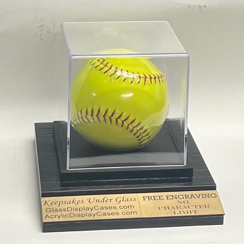 Personalized Softball Display Case: Engraved Acrylic, Solid Wood Base