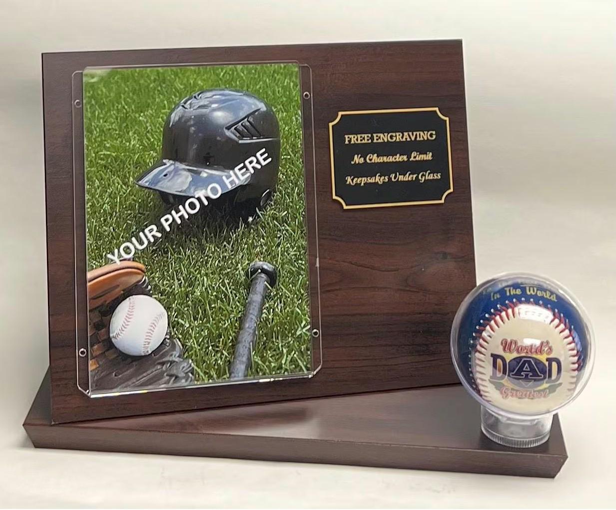 Engraved Baseball Display Case: 4x6 Photo, Wall Mount or Tabletop, Cherry Finish Wood Plaque