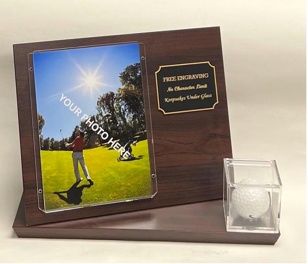 Personalized Golf Ball & 4x6 Photo Wall Mount or Tabletop Display Case: Cherry Finish Wood Plaque