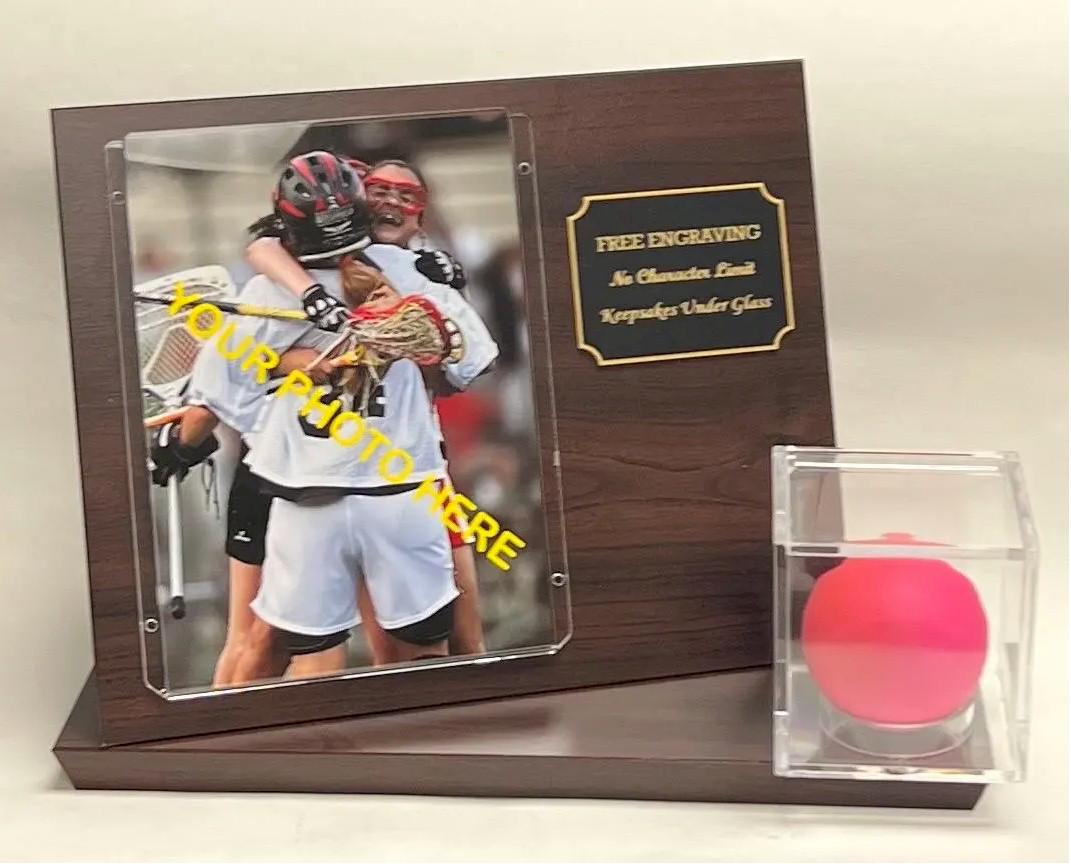 Personalized Lacrosse Ball & 5x7 Photo Wall Mount or Table Top Display Case -  Cherry Finish