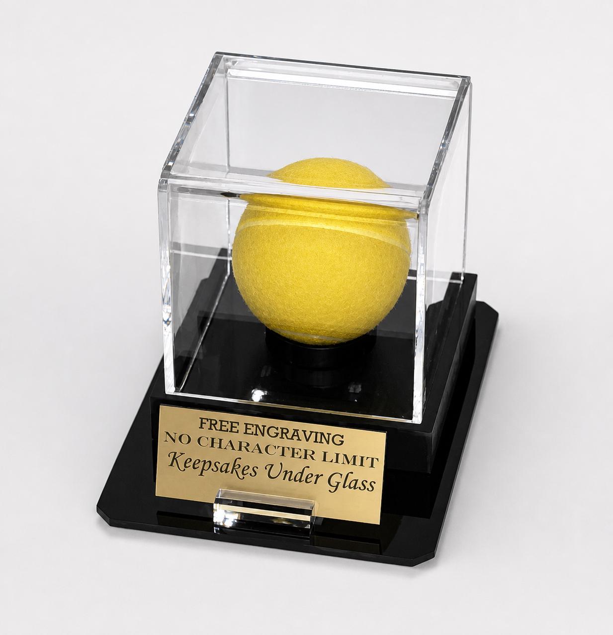 Lacrosse Ball Acrylic Personalized - Engraved Display Case with a Black Octagon Base and Custom Stand