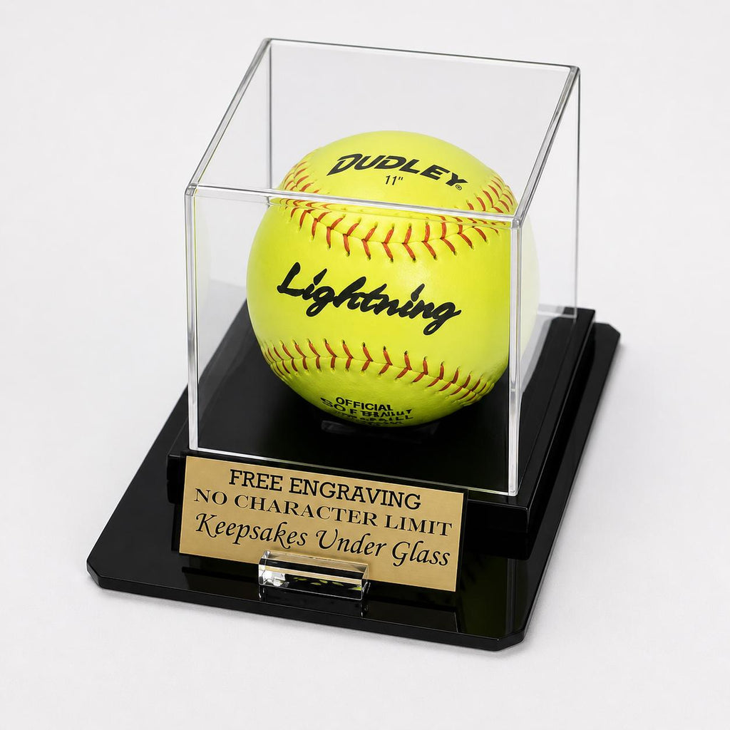 Softball Acrylic Personalized - Engraved Display Case with Black Octagon Base and Custom Stand