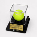 Tennis Ball Acrylic Personalized - Engraved Display Case with a Black Octagon Base and Custom Stand
